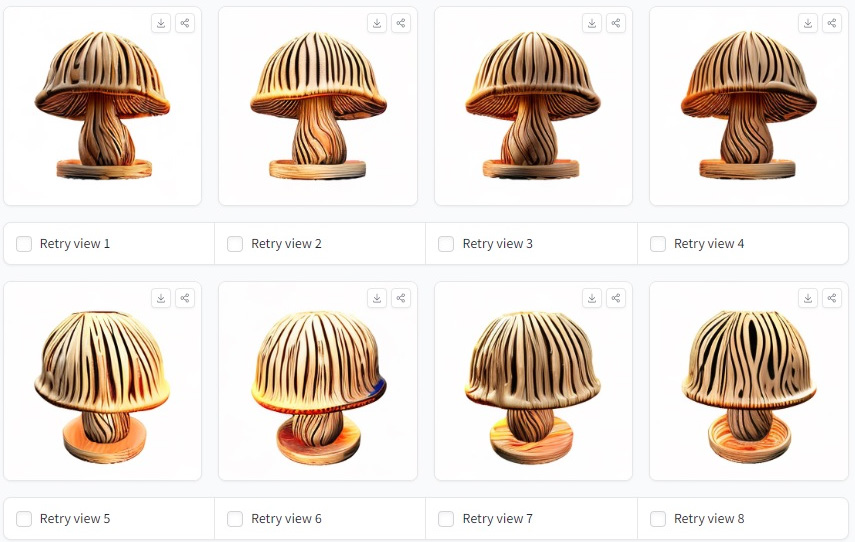 The image shows 8 different ‘retry views’ of the output for the user to choose from. Each image of the mushroom is showing a slightly different angle and the colours shades vary ever so slightly.