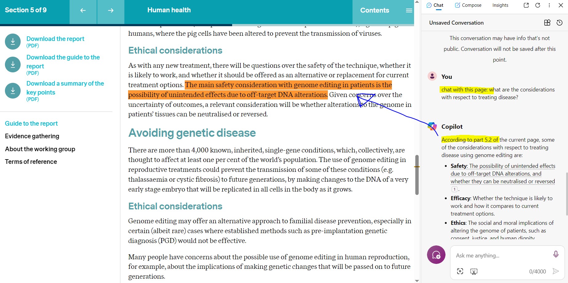 The image shows a screenshot of section 5 in a long report on Genome Editing from the Nuffield Trust. To the right of the report, is the Copilot for web feature which someone is using to help them read the document. The user has inputted ‘chat with this page: what are the considerations with respect to treating disease?’ into the AI tool. Copilot has responded with a summary and has highlighted the section of the text it has referred to.